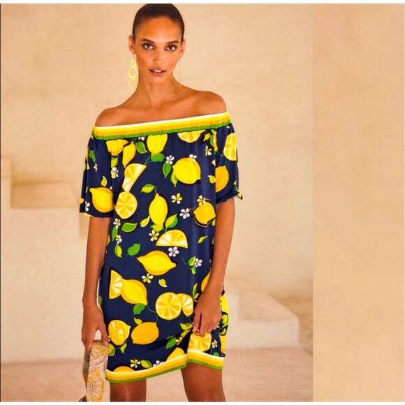 Trina Turk Kelso Lemon Print Off The Shoulder Dress Blue Yellow M - Picture 1 of 9